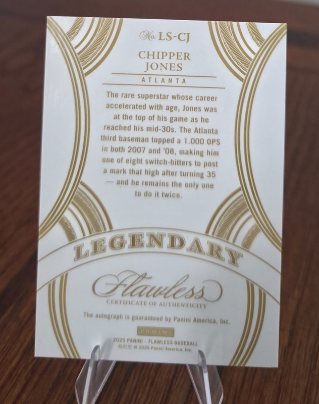 Chipper Jones 2025 Panini Flawless Legendary, Sapphire Autograph card # 11/15 view 2