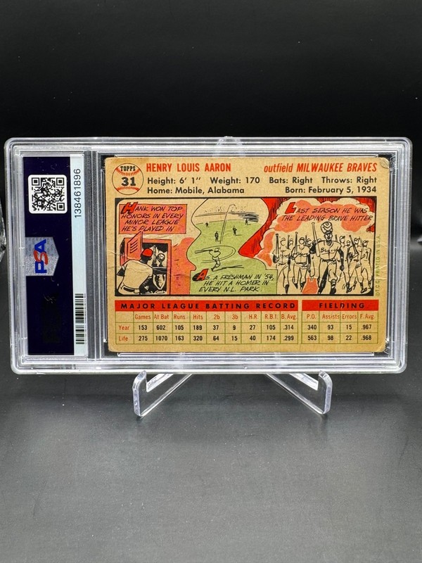 1956 TOPPS!  HANK AARON!  WHITE BACK!  MILWAUKEE BRAVES!  #31  PSA 1! view 2