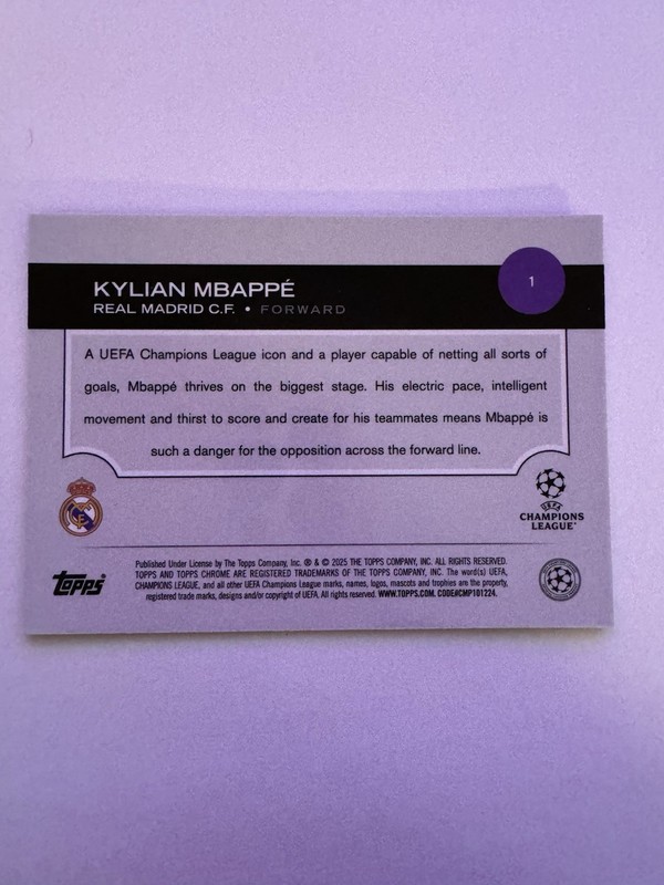 2024-25 Topps Chrome - Kylian Mbappe - Magenta Purple Lava Refractor /75 view 2