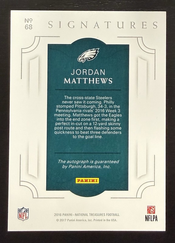 2016 Panini National Treasures Signatures 5/5 Jordan Matthews #68 Auto Bookend view 2