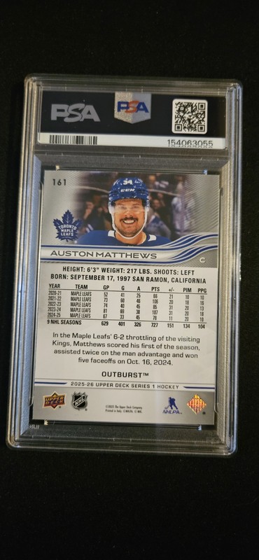 2025-26 Upper Deck Series 1 - Auston Matthews #161 Outburst PSA 10 view 2