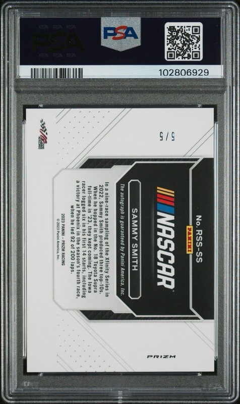 2023 Panini Prizm Nascar Rookie Stripes White Auto 5/5 Sammy Smith PSA 10 GEM MT view 2