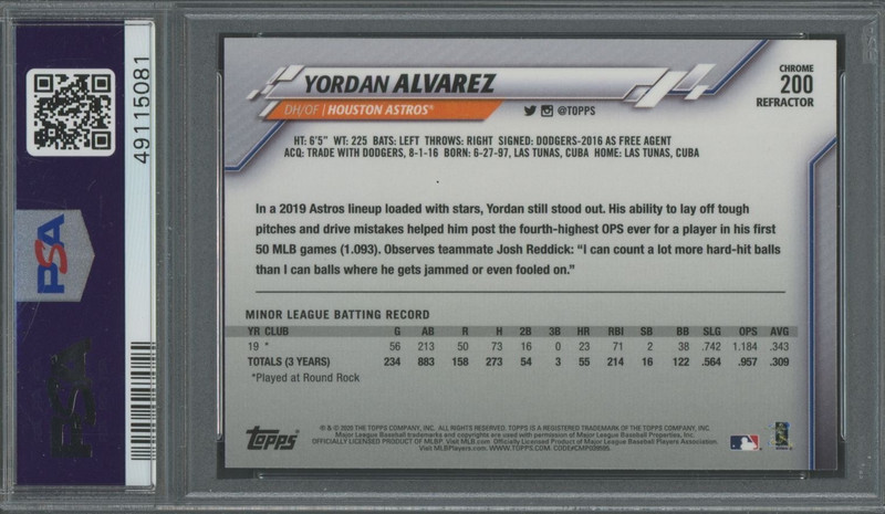 Yordan Alvarez 2020 Topps Chrome Rookie #200 "Sepia Refractor" - PSA 10 - GEM MT view 2