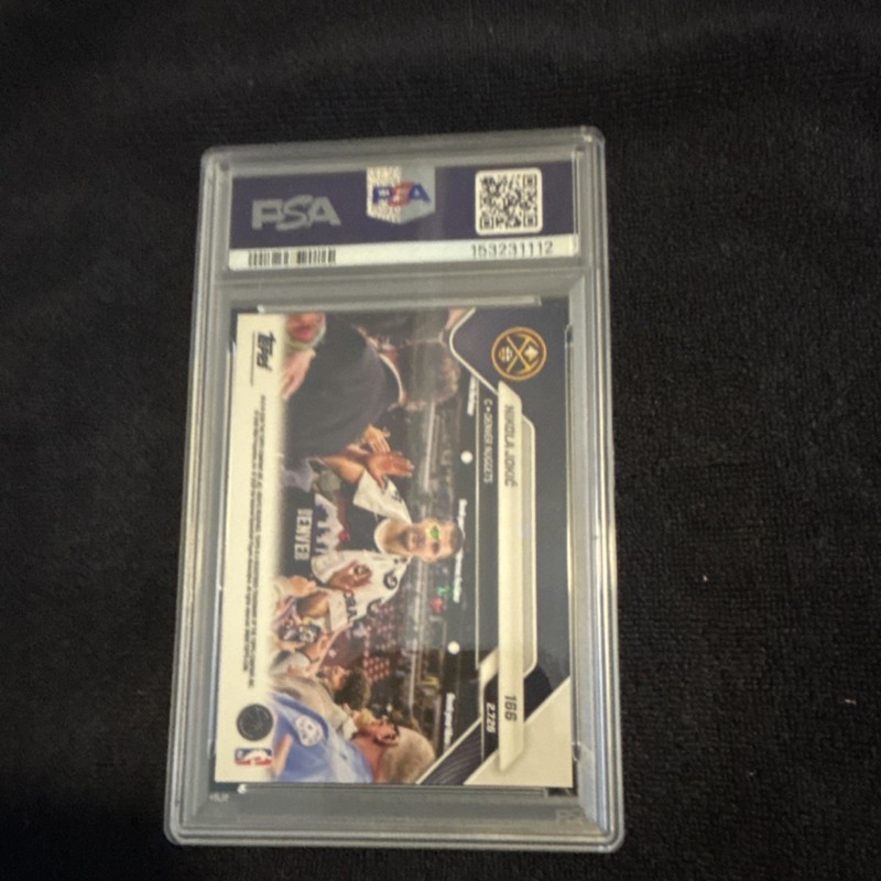 2025 Topps Now Nikola Jokić Nuggets Orange Foil Serial Numbered PSA 9 #166 /25 view 2