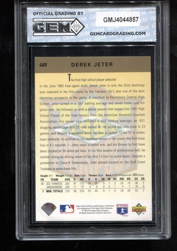 Derek Jeter Rookie 1993 Upper Deck #449 RC Card MLB New York Yankees GEM MINT 10 view 2
