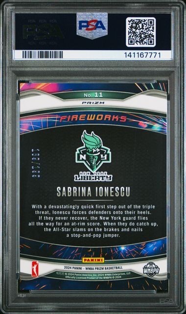 Sabrina Ionescu 2024 WNBA Prizm Fireworks "Blue Pulsar #/199" - PSA 10 - GEM MT view 2