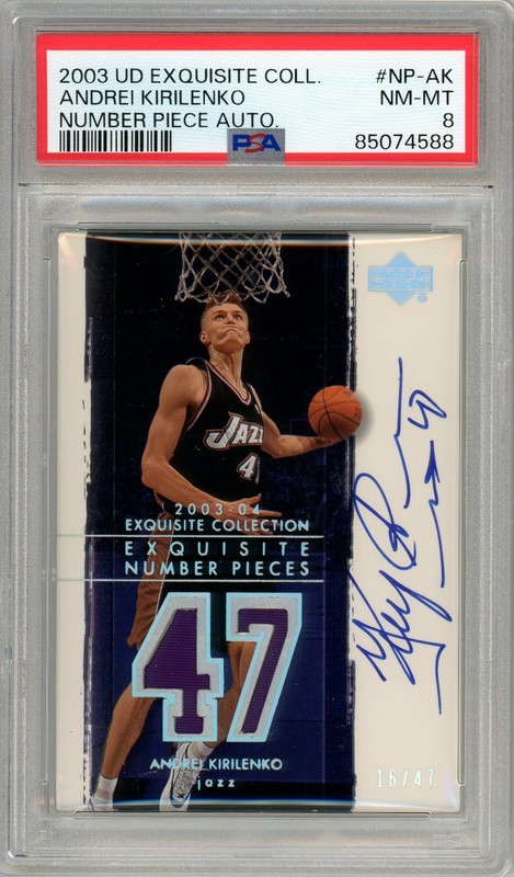 2003 Exquisite Andrei Kirilenko Number Piece Patch Auto PSA 8 pop 1, none higher