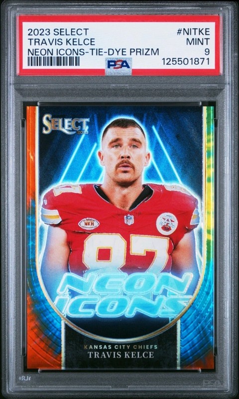 2023 Travis Kelce PSA 9 PANINI SELECT NEON ICONS TIE DYE PRIZM CHIEFS /25