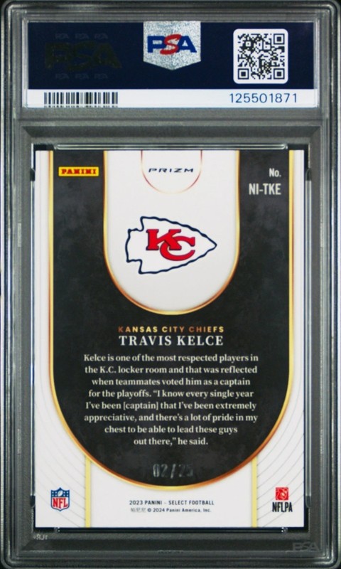 2023 Travis Kelce PSA 9 PANINI SELECT NEON ICONS TIE DYE PRIZM CHIEFS /25  view 2
