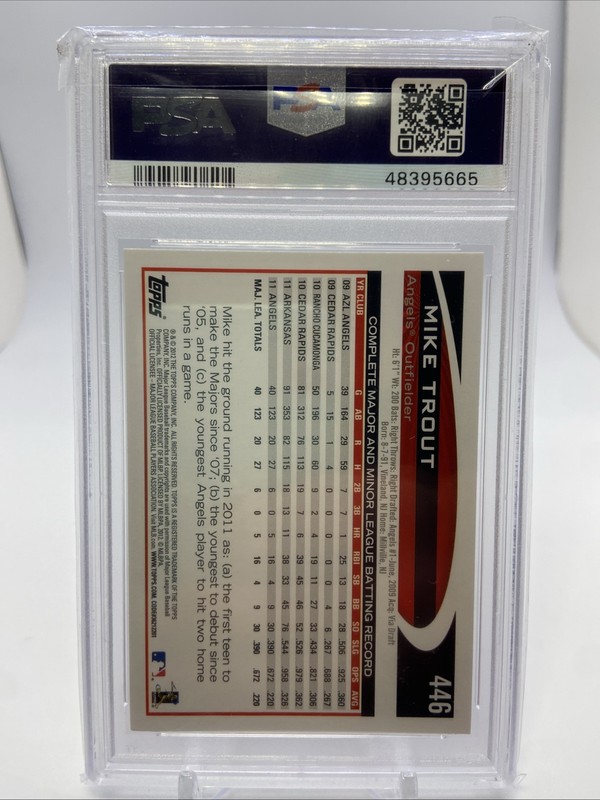 2012 Topps #446 Mike Trout Angels 1st Topps Base Card PSA 9 MINT view 2