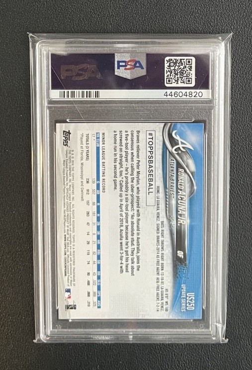 2018 Topps Update Ronald Acuña Jr. #US250 At Bat In Blue Jersey PSA 10 (RC) view 2