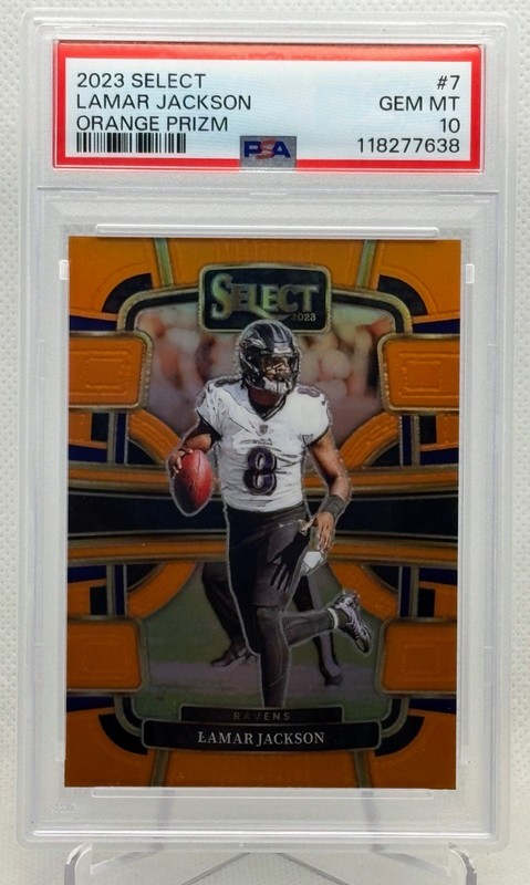 2023 Panini Select Orange Prizm Refractor #7 Lamar Jackson #/49 PSA 10 Ravens