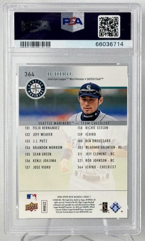 2008 UPPER DECK #364 ICHIRO SUZUKI PSA 10 Seattle Mariners Icon HOF POP 10 view 2
