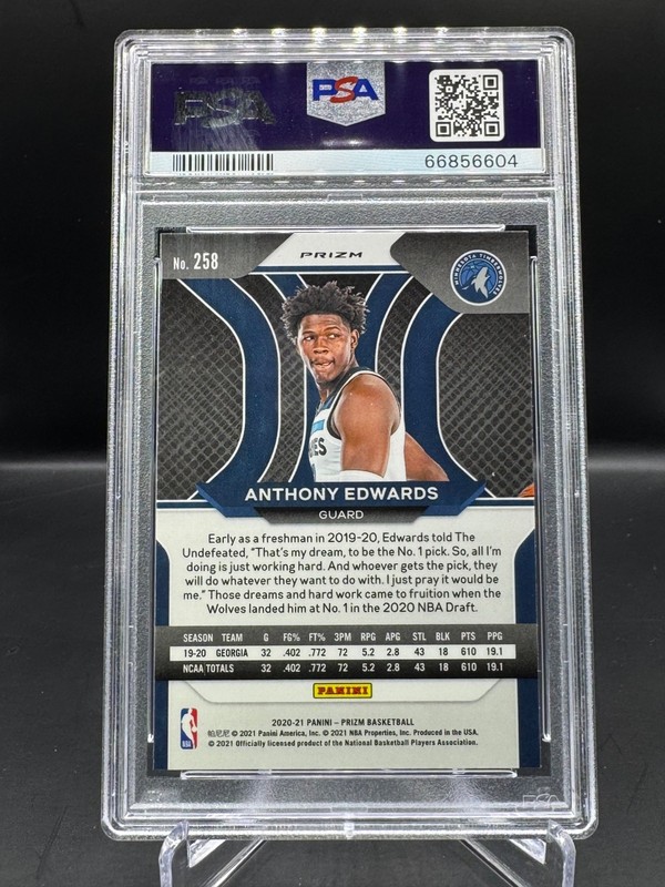 2020-21 PANINI PRIZM!  ANTHONY EDWARDS!  RC!  SILVER PRIZM!  #258  PSA 9!  MINT! view 2
