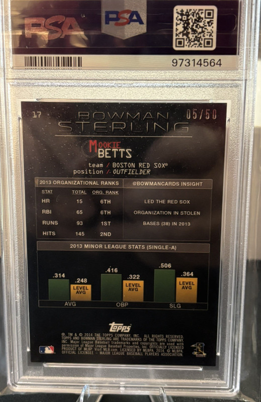 2014 Bowman Sterling - Mookie Betts #17 Purple Refractor /50 (RC) PSA 9 view 2