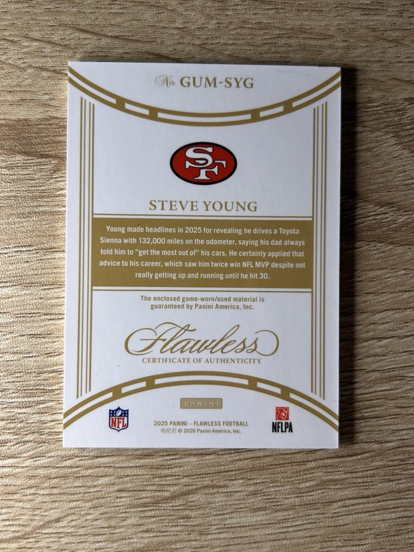 2025 Panini Flawless Steve Young Dual Patch GAME USED Platinum 1/1 49ers view 2