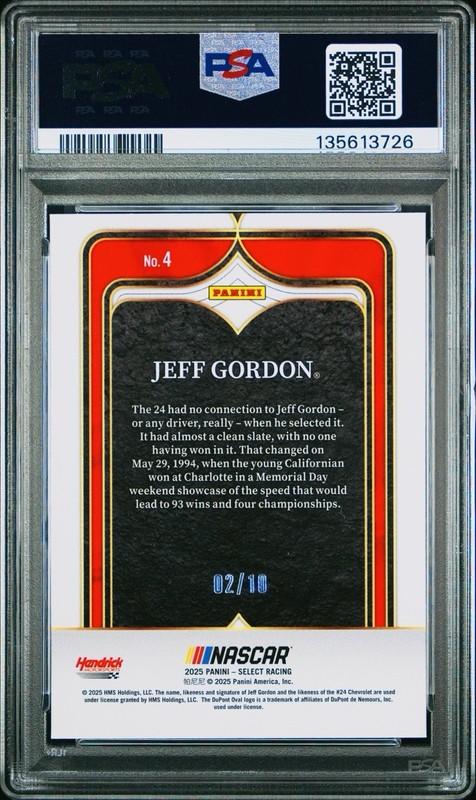 Jeff Gordon 2025 Panini Select Racing Numbers GOLD PRIZM /10 #4 PSA 9 view 2