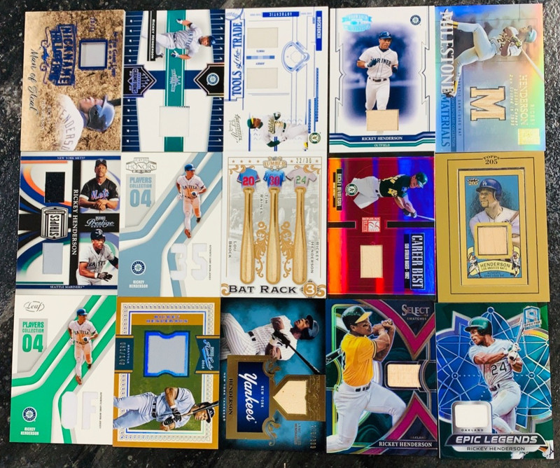 LOT (15) RICKEY HENDERSON GAME USED JERSEY BAT CARDS /30 /35 /50 A'S YANKEES