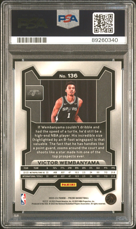 2023 PANINI PRIZM VICTOR WEMBANYAMA #136 ROOKIE PSA 10 view 2