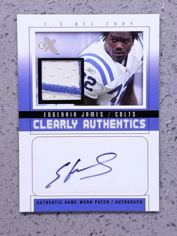 2004 Fleer E-X Edgerrin James Clearly Authentics Patch Auto /32 Colts GAME WORN