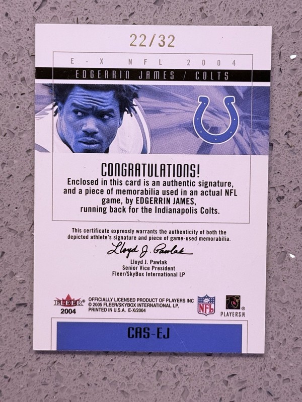 2004 Fleer E-X Edgerrin James Clearly Authentics Patch Auto /32 Colts GAME WORN view 2