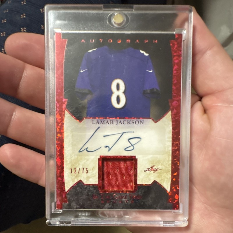 Leaf 2022 In The Game Used Autographs Lamar Jackson GUA-LJ1 Red /75 Auto Patch