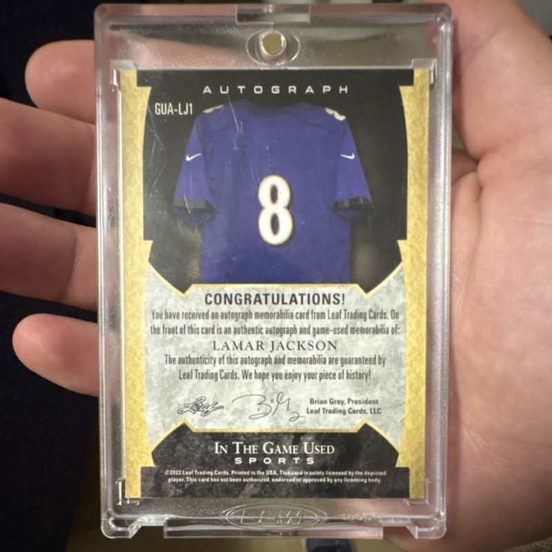 Leaf 2022 In The Game Used Autographs Lamar Jackson GUA-LJ1 Red /75 Auto Patch view 2