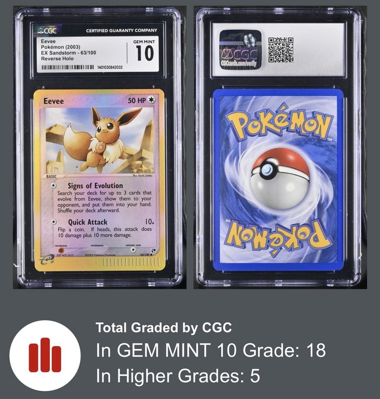 Cgc 10 Pokémon Eevee TCG Reverse Holo Card EX Sandstorm 63/100 Gem Pop 18 PSA