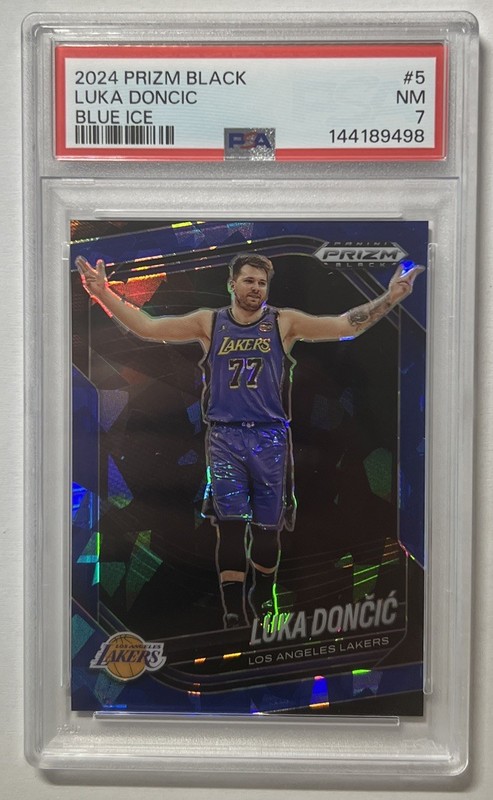 LUKA DONCIC 2024-25 /125 PANINI PRIZM BLACK #5 BLUE ICE /125 LAKERS PSA 7