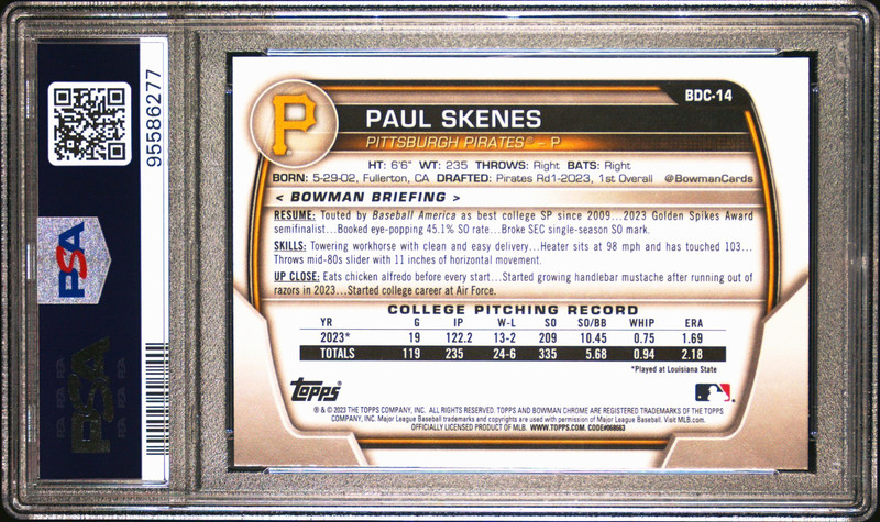 PAUL SKENES 2023 Bowman Draft #BDC-14 CHROME PSA 10        QTY view 2