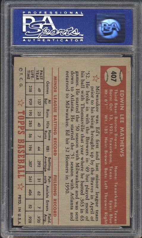 1952 Topps Baseball Eddie Mathews ROOKIE #407 PSA 5 BRAVES EX HOF  ( SET BREAK ) view 2