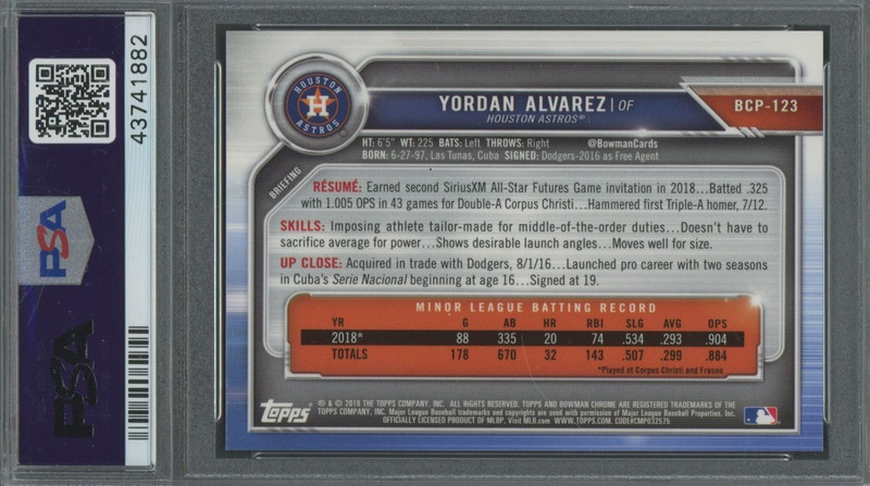 Yordan Alvarez 2019 Bowman Chrome RC #123 "Purple Refractor" - PSA 10 - GEM MINT view 2