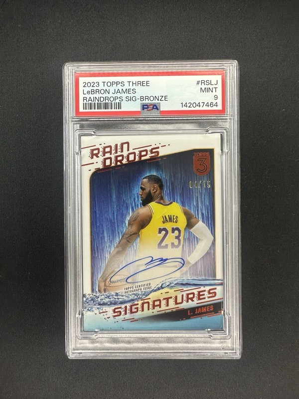 2023 Topps Three LeBron James Raindrops Signatures Auto Bronze /15 PSA 9 On Card