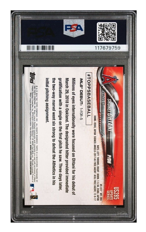 Topps 2018 Update Shohei Ohtani Rookie Debut #US285 RC PSA 8 view 2