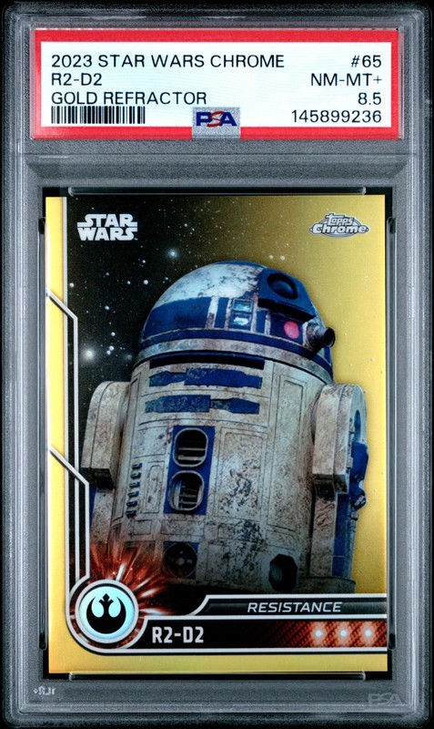 2023 TOPPS CHROME STAR WARS #65 R2-D2 GOLD REFRACTOR PSA 8.5