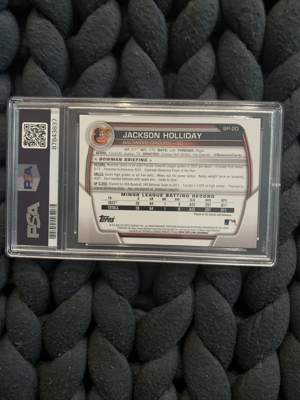 Jackson Holliday 2023 Bowman Paper PSA 10 Gem Mint Orioles MLB #1 Prospect #BP20 view 2
