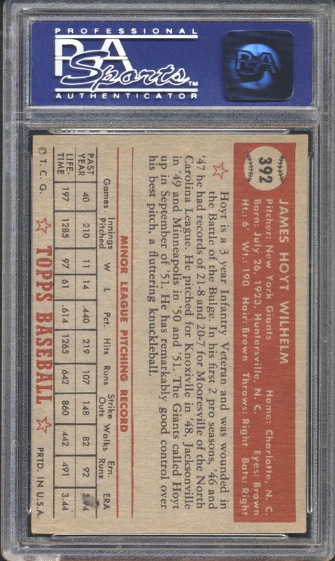 1952 Topps Baseball Hoyt Wilhelm ROOKIE #392 PSA 6 GIANTS HOF High # (SET BREAK) view 2