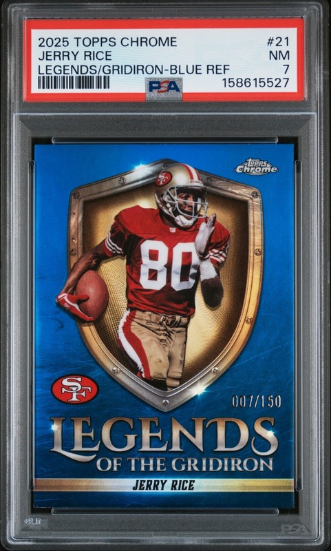 Jerry Rice 2025 Topps Chrome #LOG-21 Blue Refractor 007/150 PSA-7