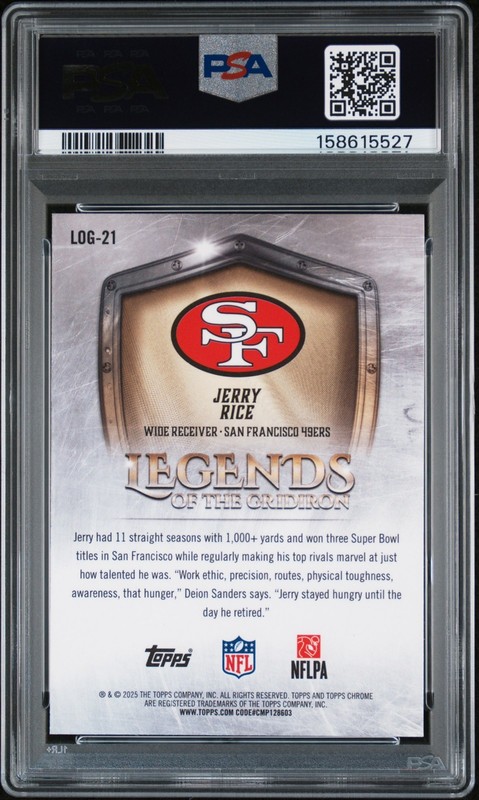 Jerry Rice 2025 Topps Chrome #LOG-21 Blue Refractor 007/150 PSA-7 view 2