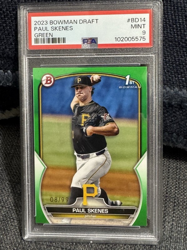 2023 Bowman Draft Paul Skenes 1st Green # 08/99 Graded PSA 9 Rookie, CY young view 2