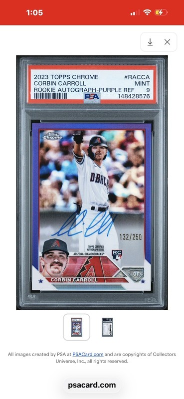 2023 TOPPS CHROME CORBIN CARROLL AUTO PSA 9 RC #RA-CAA - Purp ref 132/250