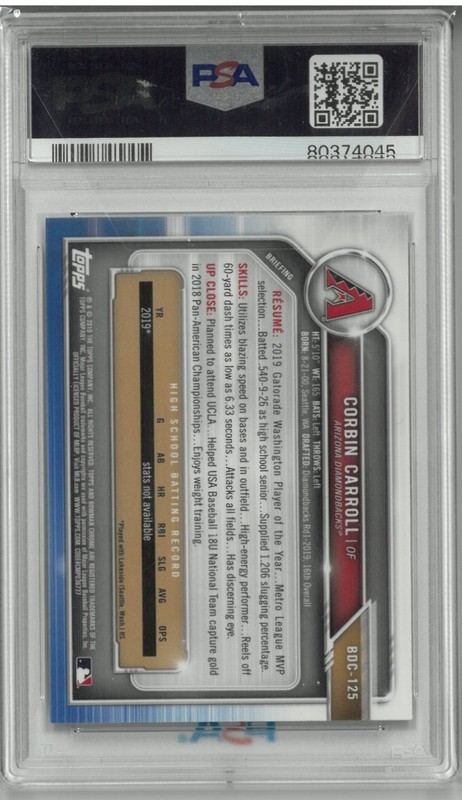 2019 1st Bowman Draft Chrome Corbin Carroll #BDC-125 PSA 10 Gem Mint view 2