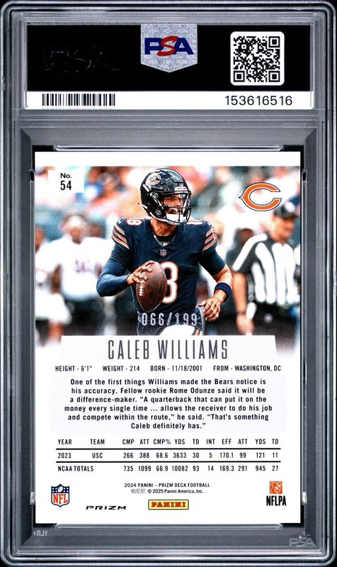 2024 Panini Prizm Deca Caleb Williams #54 Red Prizm /199 RC PSA 9 Chicago Bears view 2