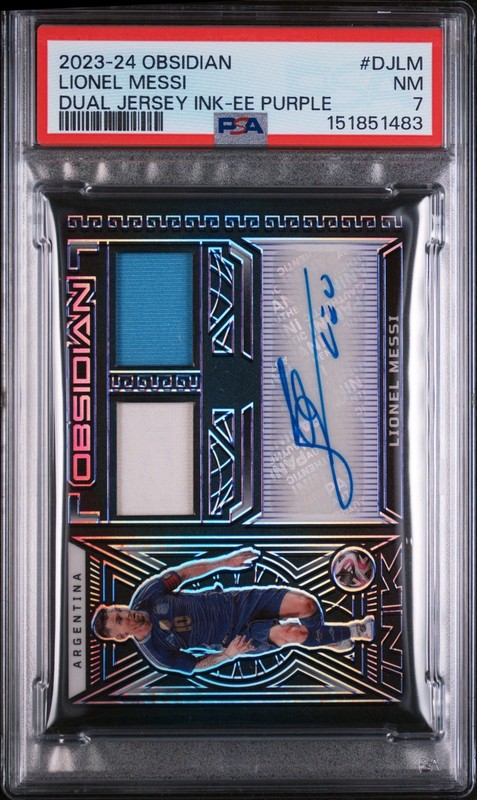 2023-24 Panini Obsidian Dual Jersey Ink Messi #DJ-LM Purple 10/20 Auto PSA 7