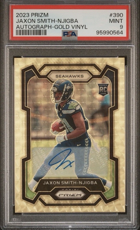 2023 Panini Prizm Jaxon Smith-Njigba Gold Vinyl Rookie Auto /5 PSA 9 Seahawks