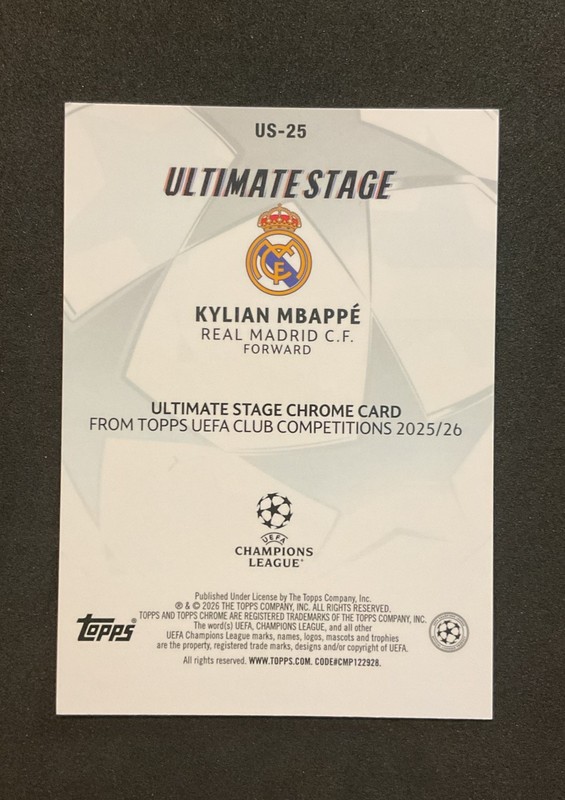 2025-26 Topps Chrome Uefa Club Competitions Ultimate Stage Mbappe Aqua/199 (#'d) view 2