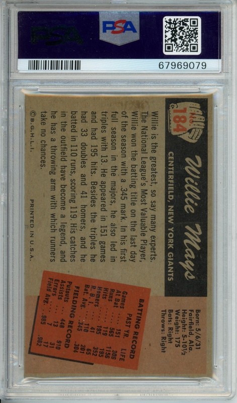 1955 BOWMAN #184 WILLIE MAYS PSA 5 view 2