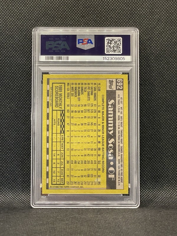1990 Topps - Sammy Sosa #692 (RC) PSA 8 Chicago White Sox Cubs Rookie view 2