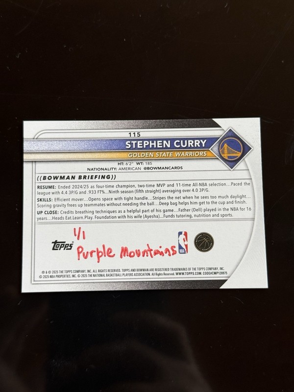 Topps Bowman Stephen Curry 1/1 Painted Purple Mountains view 2