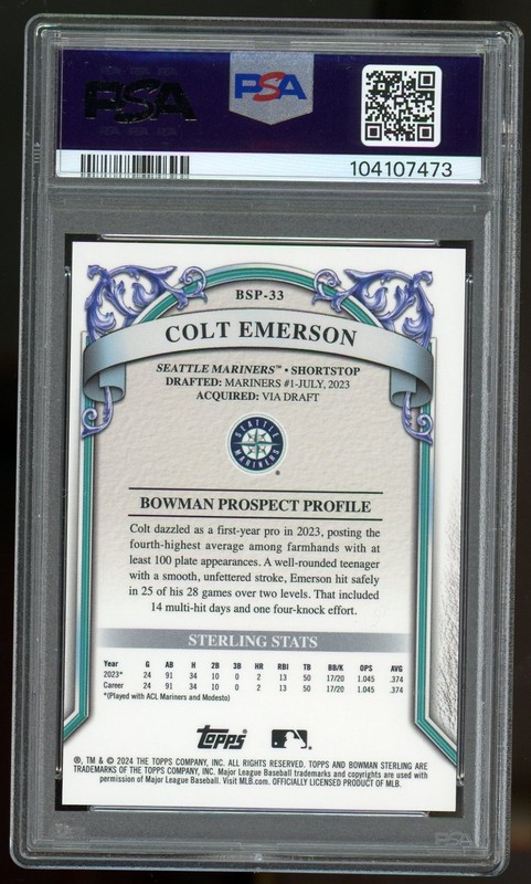 2024 Bowman Sterling Colt Emerson Superfractor 1/1 PSA 9 Mariners 🔥🔥🔥 view 2